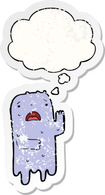 Düşünce baloncuğu olan karikatür hayaleti bir insan tarafından çizilmiş yıpranmış bir çıkartma.