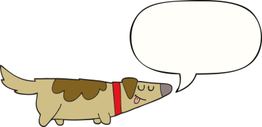 Bir insan tarafından çizilmiş konuşma balonu olan çizgi film köpeği.