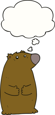 Bir insan tarafından çizilmiş düşünce baloncuklu çizgi film ayısı.