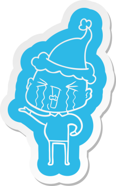 Bir insan tarafından çizilmiş Noel Baba şapkası giyen ağlayan kel bir adamın garip çizgi film etiketi.