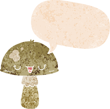 grunge 'da konuşma baloncuğu olan karikatür mantarı bir insan tarafından çizilmiş dertli retro dokuma tarzı