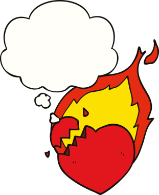 Düşünce baloncuğu insan tarafından çizilmiş yanan bir kalp.
