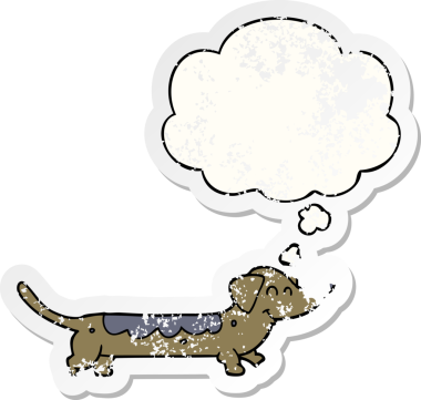 Düşünce baloncuğu olan çizgi film köpeği insan tarafından çizilmiş yıpranmış bir çıkartma gibi.
