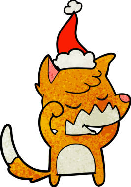 Bir tilkinin, bir insan tarafından çizilmiş Noel Baba şapkasıyla uyandığı dostane bir el çizimi.