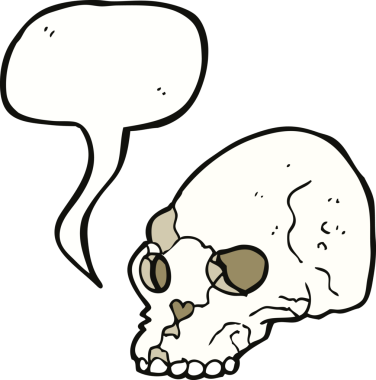 Bir insan tarafından çizilmiş konuşma baloncuğu olan karikatürümsü kafatası.