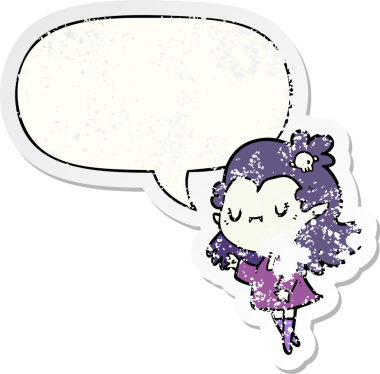 Konuşma baloncuğu olan sevimli vampir kız bir insan tarafından çizilmiş sıkıntılı eski bir çıkartma.