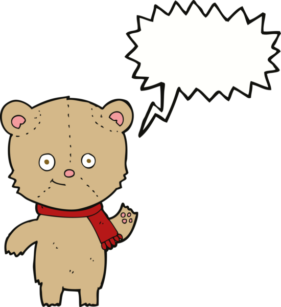 Bir insan tarafından çizilmiş konuşma baloncuğuyla sallanan oyuncak ayı.