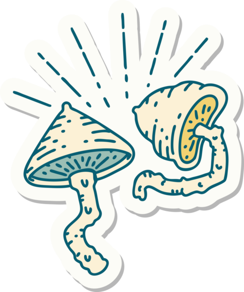 Bir insan tarafından çizilmiş dövme stili mantar çıkartması.