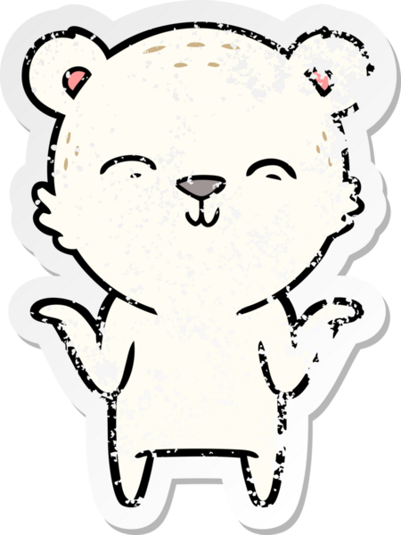 Mutlu bir karikatür kutup ayısının sıkıntılı çıkartması bir insan tarafından çizilmiş omuzlarını silkeliyor.