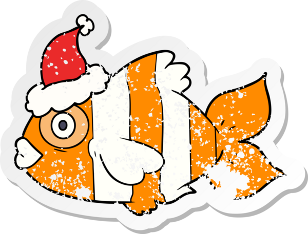 Bir insan tarafından çizilmiş Noel Baba şapkası giymiş egzotik bir balığın el yazısı.