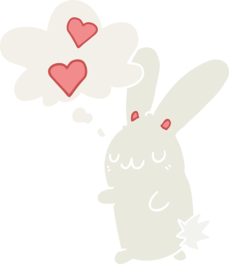 Düşünce baloncuğuna aşık çizgi film tavşanı insan tarafından çizilmiş.