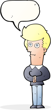 Bir insan tarafından çizilmiş bir konuşma balonuyla bakan çizgi film adamı.