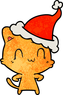Bir insan tarafından çizilmiş Noel Baba şapkası takan mutlu bir kedinin el çizimi karikatürü.