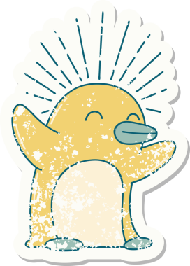 Dövme stili eski bir çıkartma. Bir insan tarafından çizilmiş mutlu penguen.