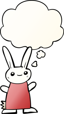 Düşünce baloncuğu olan sevimli çizgi film tavşanı bir insan tarafından çizilmiş.