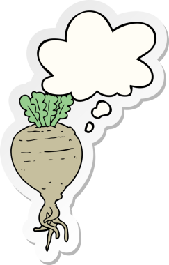 İnsan tarafından çizilmiş bir çıkartma olarak düşünce baloncuğu olan karikatür kökü sebzesi