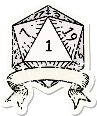 Bir insan tarafından çizilmiş doğal bir d20 zarının grunge çıkartması.