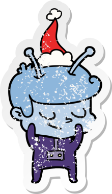 Utangaç bir el, bir insan tarafından çizilmiş Noel Baba şapkası takan bir uzay adamının sıkıntılı çıkartması.