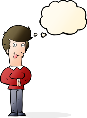 Bir insan tarafından çizilmiş düşünce baloncuğuyla dilini dışarı çıkaran çizgi film adamı.