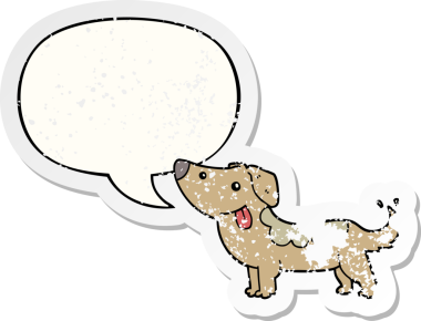 Konuşma baloncuğu olan çizgi film köpeği bir insan tarafından çizilmiş sıkıntılı eski bir çıkartma