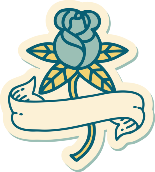 Bir insan tarafından çizilmiş gül ve pankartın geleneksel stiliyle dövme çıkartması.