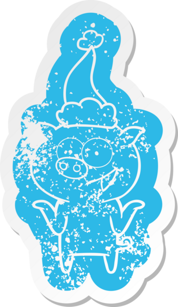 Bir insan tarafından çizilmiş Noel Baba şapkası giymekten korkmayan bir domuzun garip karikatürü.