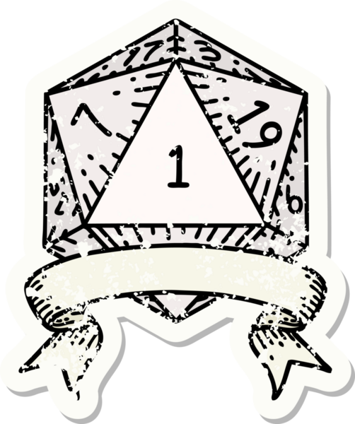 Bir insan tarafından çizilmiş doğal bir d20 zarının grunge çıkartması.