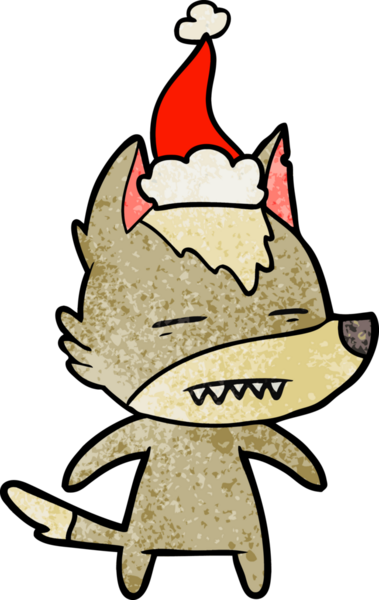 Bir insanın çizdiği Noel Baba şapkasını takan bir kurdun el çizimi karikatürü.