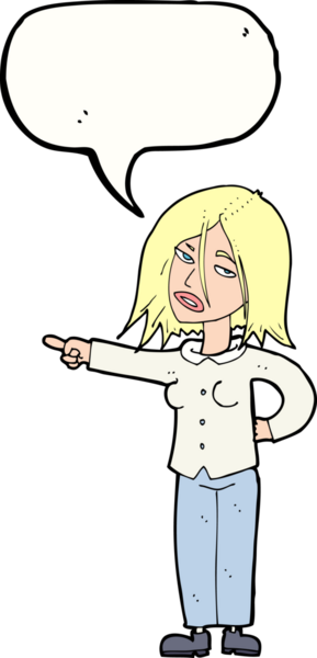 Bir insan tarafından çizilmiş bir konuşma balonuyla işaret eden çizgi film kadını.