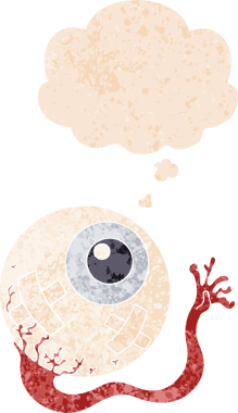 Düşünce baloncuklu çizgi film yaralanmış göz küresi grunge sıkıntılı retro dokuma tarzı bir insan tarafından çizilmiş