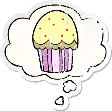 Düşünce baloncuklu çizgi film keki bir insan tarafından çizilmiş yıpranmış bir çıkartma.