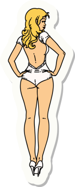 Geleneksel stil dövme çıkartması. Bir insan tarafından çizilmiş mayo kız resmi.