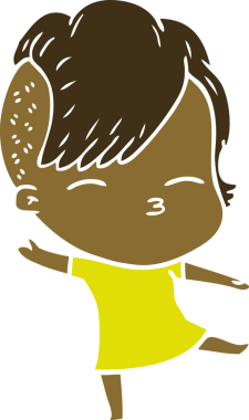 Düz renkli çizgi film çizen kız bir insan tarafından çizilmiş.