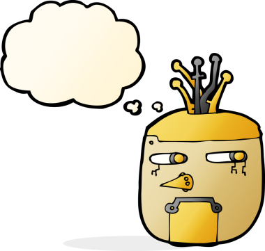 Bir insan tarafından çizilmiş düşünce baloncuklu robot kafası.