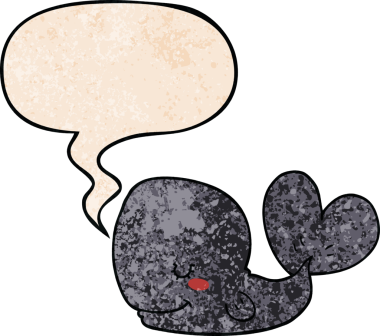 Konuşma baloncuğu olan karikatür balinası insan tarafından çizilmiş.