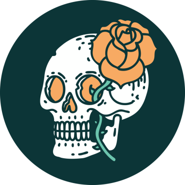 Bir insan tarafından çizilmiş bir kafatası ve gülün ikonik dövme şekli