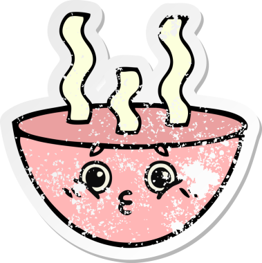 Bir insan tarafından çizilmiş sıcak çorba kasesinin hüzünlü çıkartması.