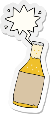 Bir insan tarafından çizilmiş konuşma balonu çıkartmalı bira şişesi.