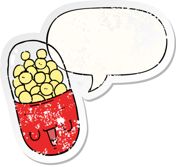 Konuşma baloncuklu karikatür tıp hapı bir insan tarafından çizilmiş sıkıntılı eski bir çıkartma