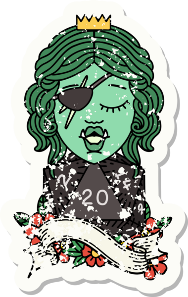 Bir insan tarafından çizilmiş doğal yirmi zarlı bir ork haydut karakterinin grunge sticker 'ı