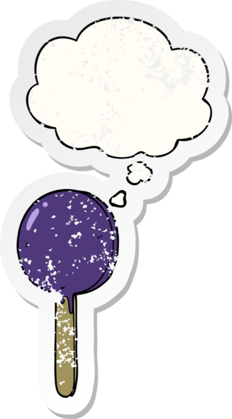 Düşünce baloncuklu çizgi film lolipopu insan tarafından çizilmiş yıpranmış bir çıkartma.