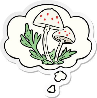 Düşünce baloncuklu mantarlar insan tarafından çizilmiş bir çıkartma.