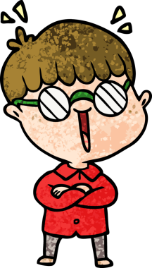 Bir insan tarafından çizilmiş gözlük takan çizgi film çocuğu.