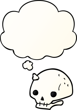 Bir insan tarafından çizilmiş, düşünce baloncuklu, karikatürlü, ürkütücü kafatası.