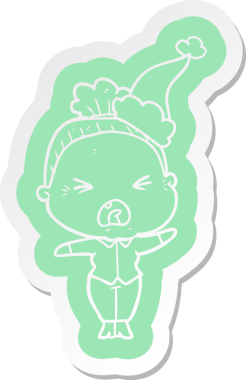 Bir insan tarafından çizilmiş Noel Baba şapkası giyen kızgın yaşlı bir kadının garip karikatür çıkartması.