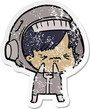 Bir insan tarafından çizilmiş karikatür astronot kadının sıkıntılı çıkartması.