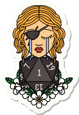 Ağlayan bir insan hırsızının çıkartması. Bir insan tarafından çizilmiş doğal bir D20 rulosu.