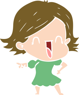 Bir insan tarafından çizilmiş düz renkli mutlu kadın çizgi filmi.