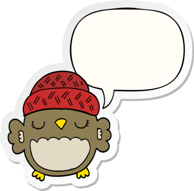 Bir insan tarafından çizilmiş konuşma kabarcığı etiketli şapkalı sevimli bir baykuş.