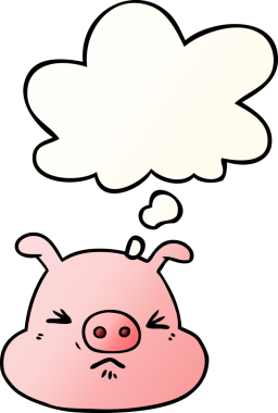 Bir insan tarafından çizilmiş yumuşak eğimli düşünce baloncuklu kızgın domuz yüzlü çizgi film.